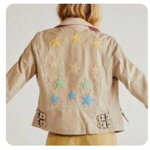 NWT Christy Rainbow Star Leather Jacket in Beige Lambskin Leather